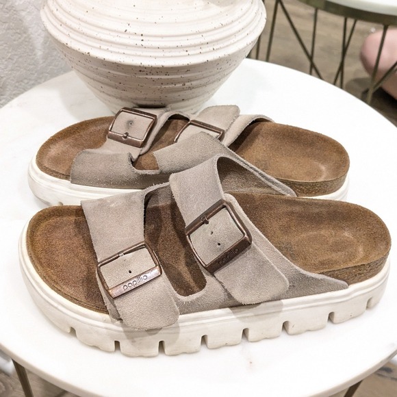 Papillio by Birkenstock Shoes - Papillio Birkenstock Arizona Grooved Sandals Women 37 Taupe Suede Platform